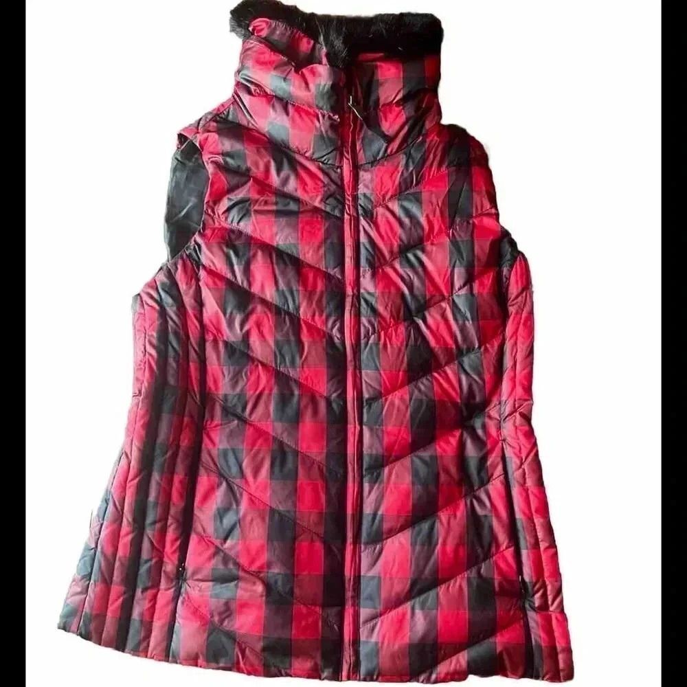 Talbots‎ Vest Faux Fur Collar Down Puffer Zip Red Quilted Warm Women’s Size M